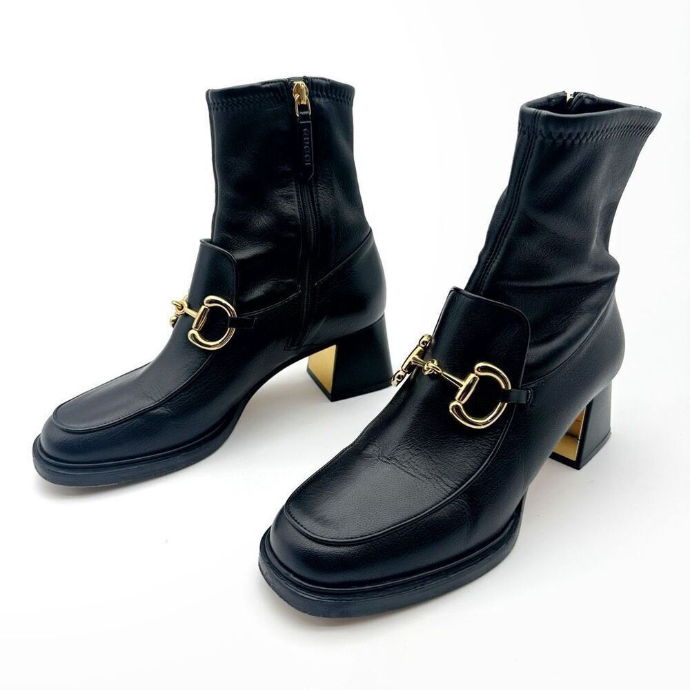 GUCCI Baby Bit Black Leather Boot Size 37 Mid Heel Bootie Square Toe Horsebit